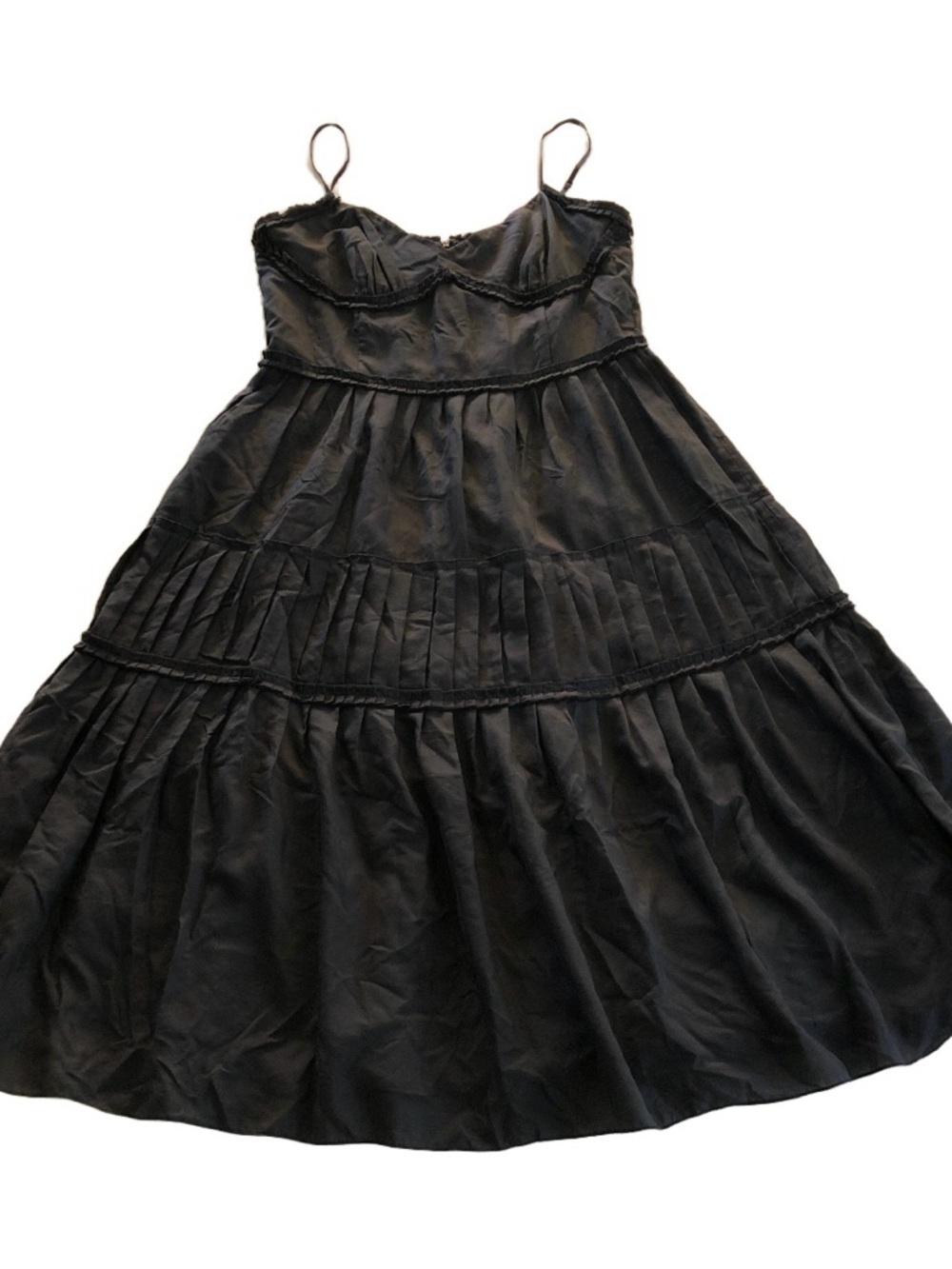 Vintage Ann Taylor Black Spaghetti Strap Midi Dress with Pleated Trim